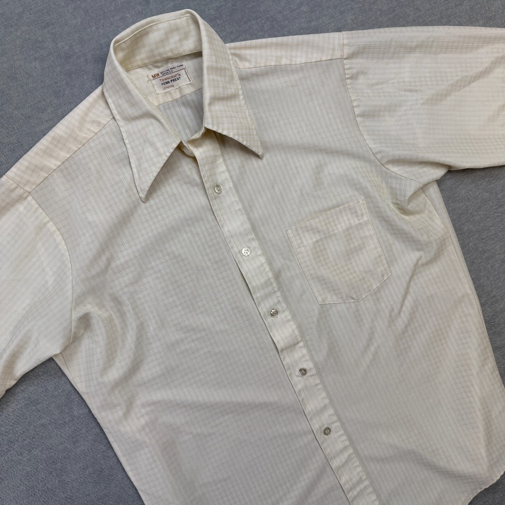 VTG JC‎ Penney Shirt Mens Large Ivory Beige Grid Check Towncraft Penn Prest 70s